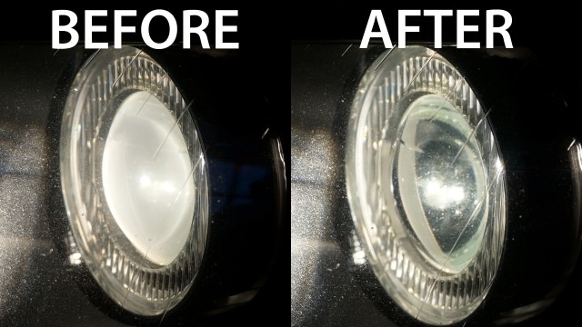 Before and after cleaning projector lens in Volvo